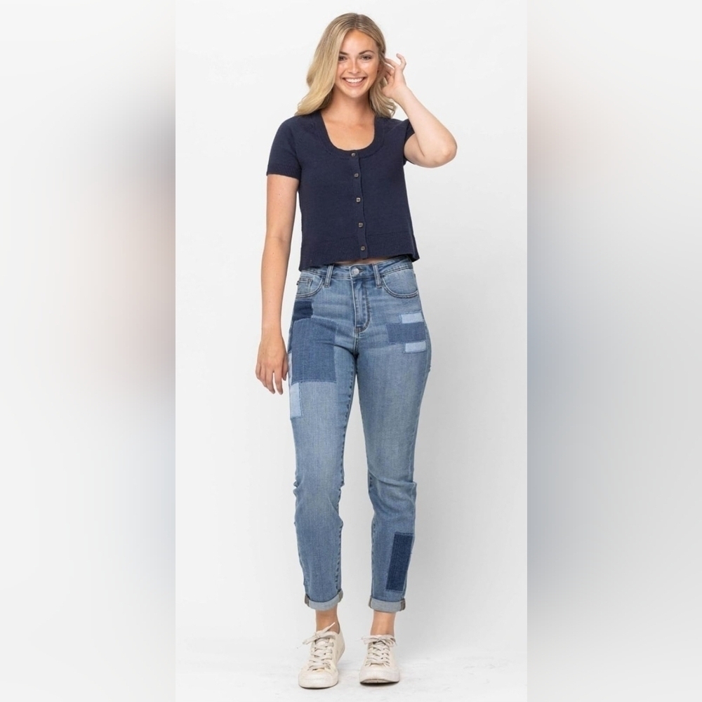 Judy Blue High Rise Medium Wash Patched Straight Leg Boyfriend Fit Jeans 7/28 - Picture 12 of 12